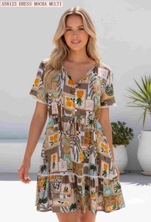 Coastal Stamps V-neck Mini Dress