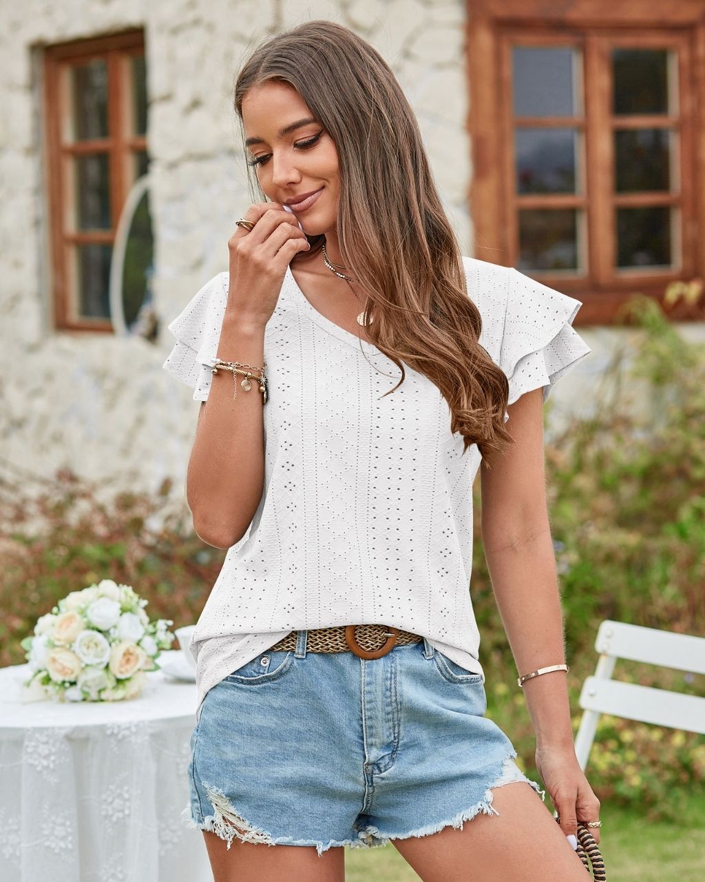 EYELET LACE V NECK TOP