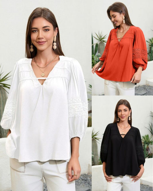 #Balloon Sleeves Lace Detail Top