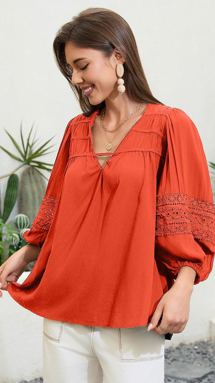 #Balloon Sleeves Lace Detail Top