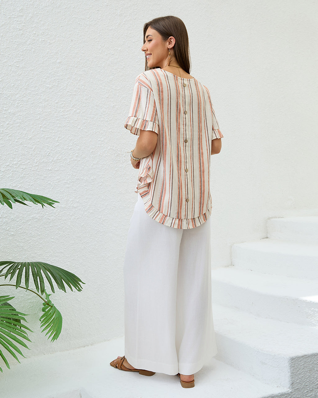 Striped V-neck Frill Hem Top