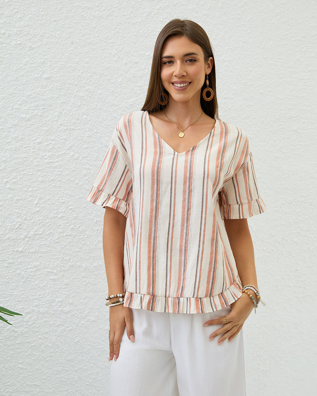 Striped V-neck Frill Hem Top