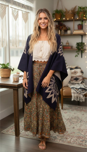 #Wool Blend Floral Poncho