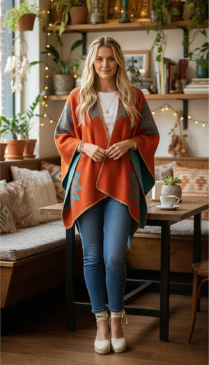 #Wool Blend Floral Poncho