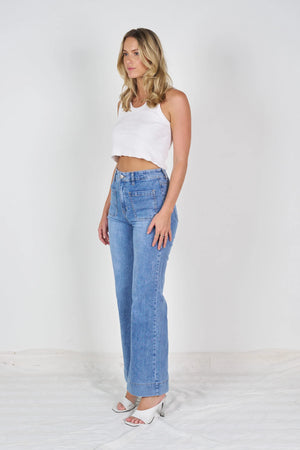 Wide Leg Patch Pocket Jeans - Blue Wash