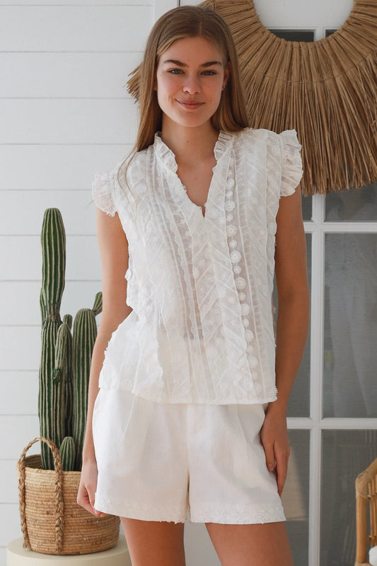 #Penny Floral Embroidered V-neck Cap Sleeve Blouse