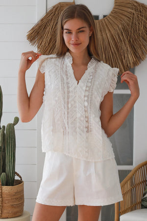 #Penny Floral Embroidered V-neck Cap Sleeve Blouse
