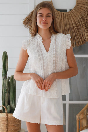 #Penny Floral Embroidered V-neck Cap Sleeve Blouse