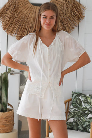 Fiona Floral Embroidered Button Up Short Sleeve Top