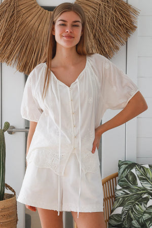 Fiona Floral Embroidered Button Up Short Sleeve Top
