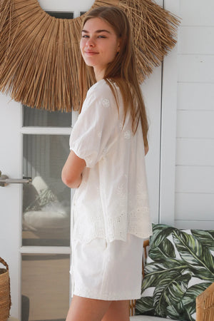 Fiona Floral Embroidered Button Up Short Sleeve Top