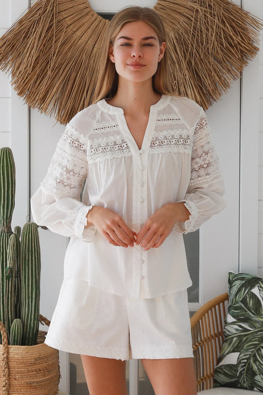 #Delilah Lace Embroidered Button Up Long Sleeve Top