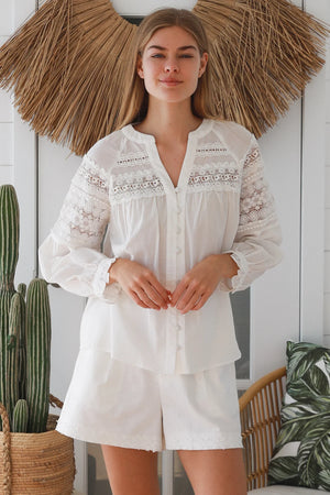 #Delilah Lace Embroidered Button Up Long Sleeve Top