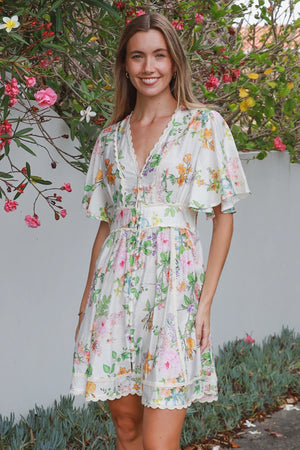 Cottage Floral Lace Trim Mini Dress