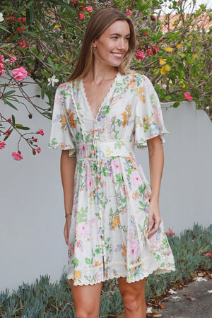 Cottage Floral Lace Trim Mini Dress