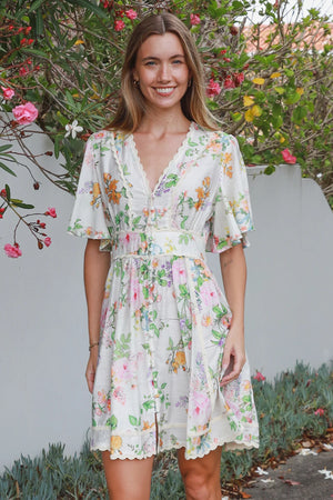 Cottage Floral Lace Trim Mini Dress