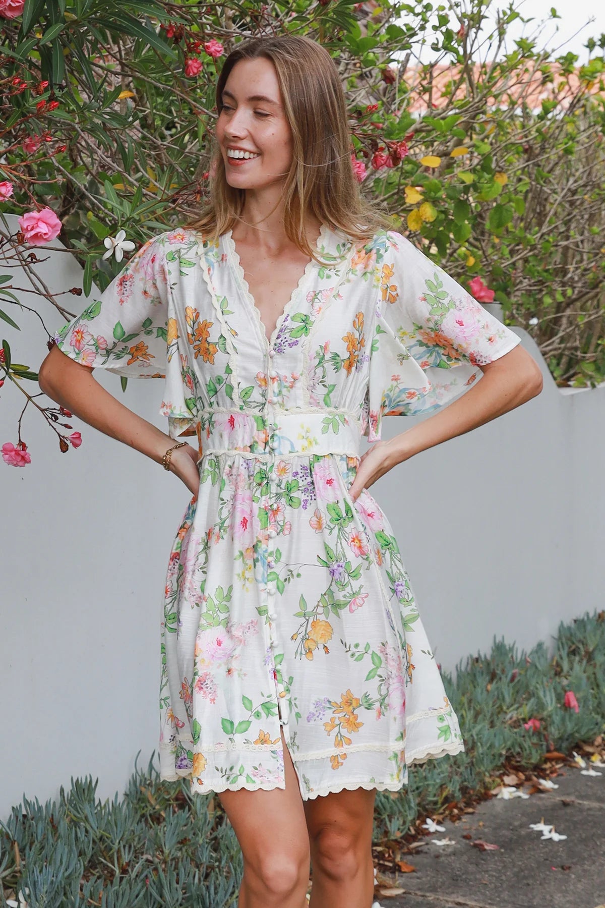 Cottage Floral Lace Trim Mini Dress