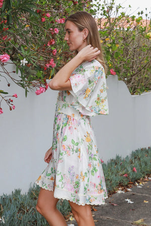 Cottage Floral Lace Trim Mini Dress