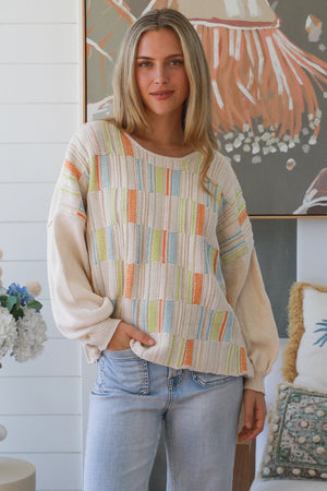 #Multi-colour Panel Round Neck Jumper