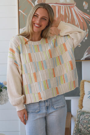 #Multi-colour Panel Round Neck Jumper