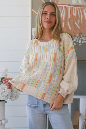 #Multi-colour Panel Round Neck Jumper