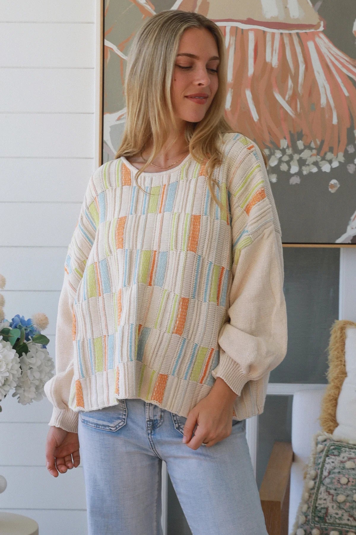 #Multi-colour Panel Round Neck Jumper