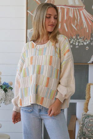 #Multi-colour Panel Round Neck Jumper