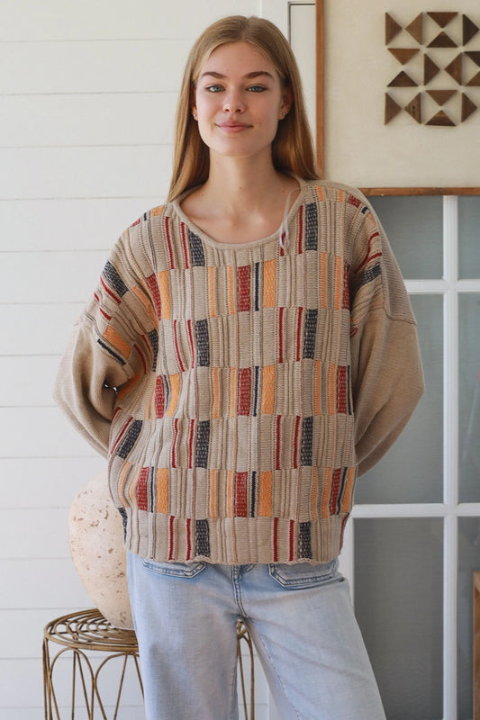 #Multi-colour Panel Round Neck Jumper