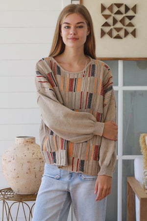 #Multi-colour Panel Round Neck Jumper