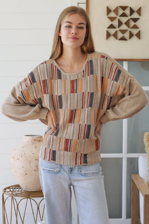 #Multi-colour Panel Round Neck Jumper