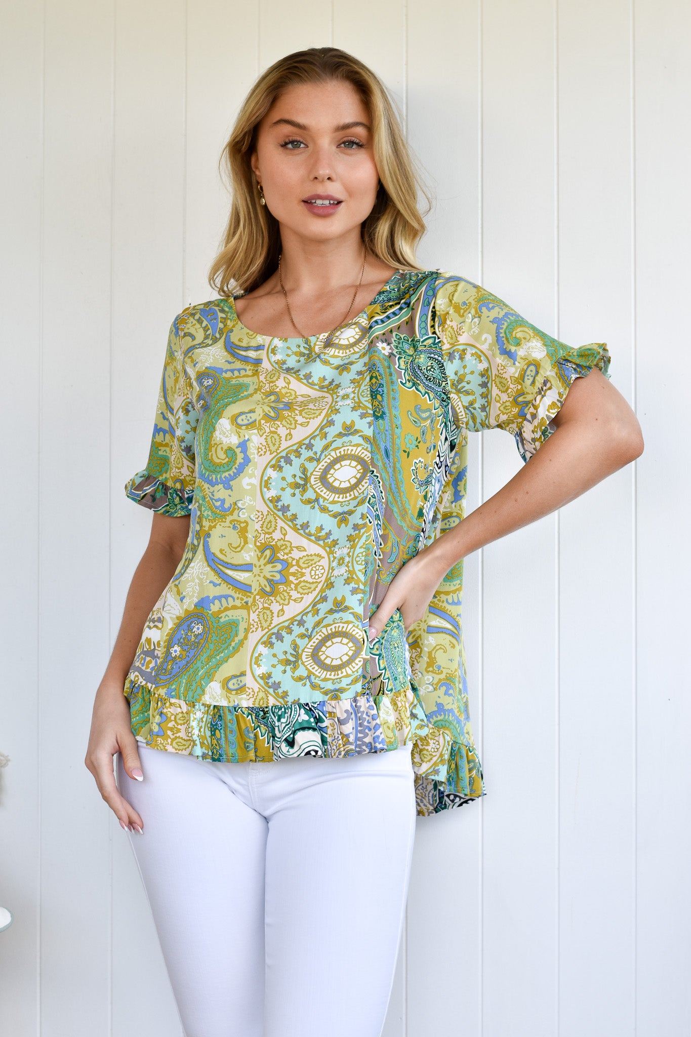 BUTTON BACK FRILL ALINE TOP