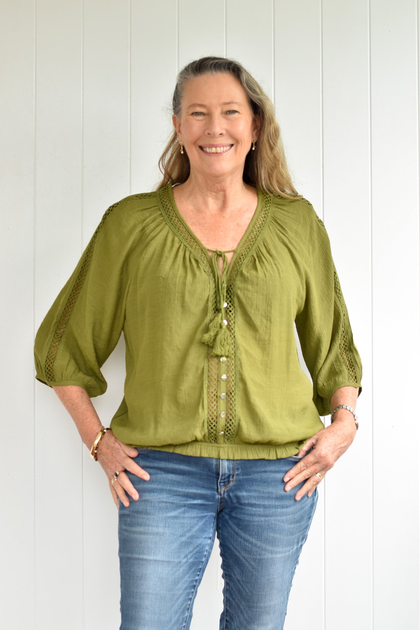 Michi Khaki Button Up Lace Detail Blouse