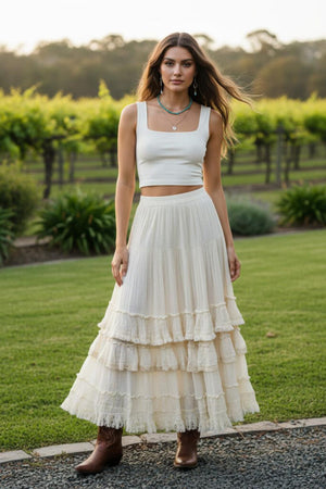 Calico Lace Fringe Maxi Skirt
