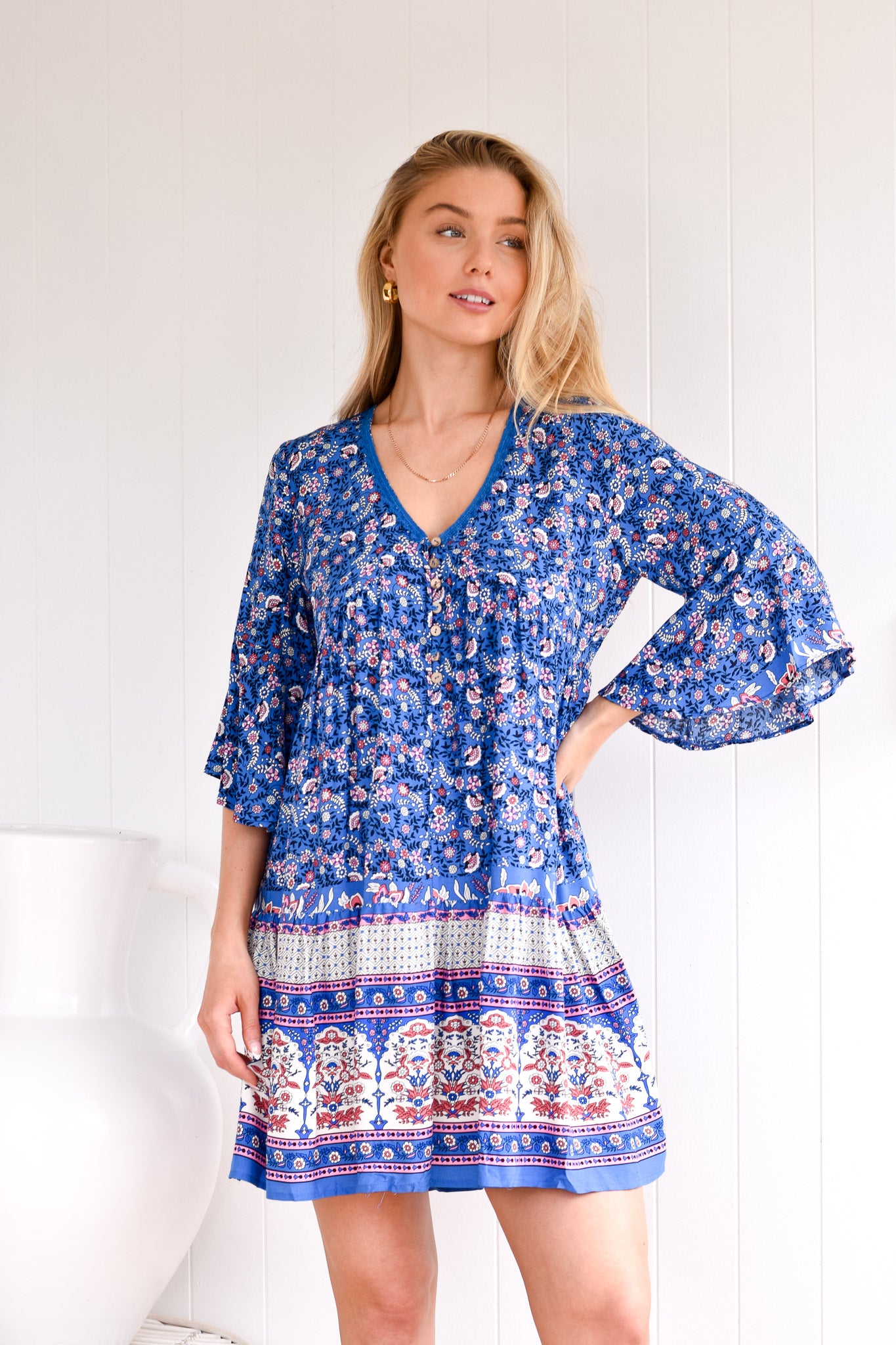 BLUE LOTUS RAYON MINI DRESS