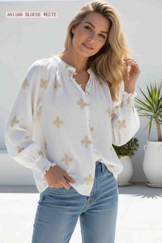 Pansy Embroidered Button Up Blouse