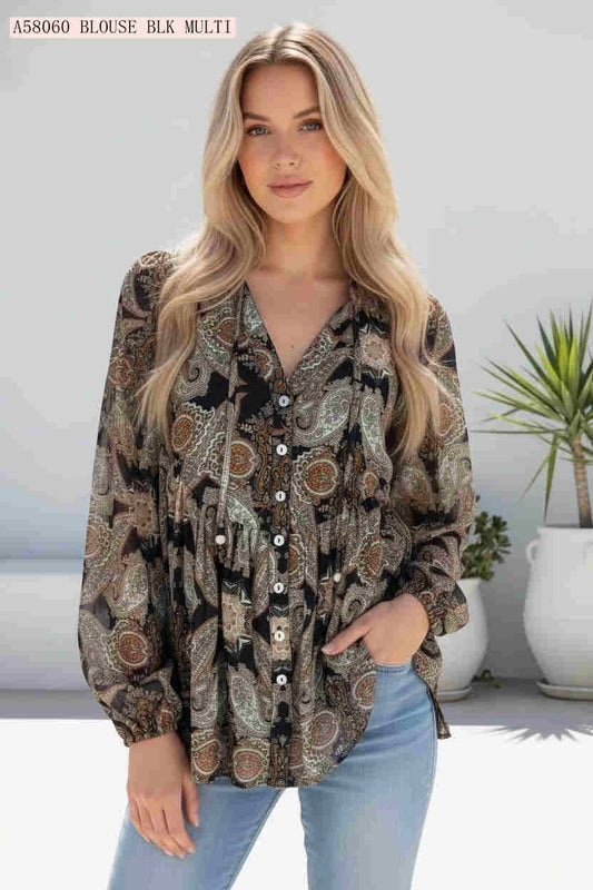 Paisley V-neck Babydoll Long Sleeve Top