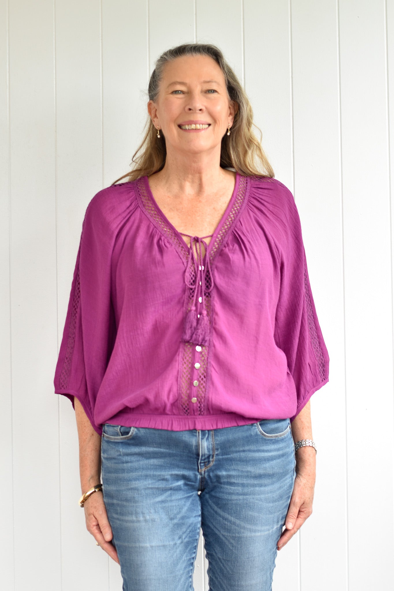 Michi Magenta Button Up Lace Detail Blouse