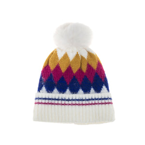 #Diamond Check Beanie With Pompom