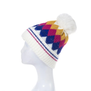 #Diamond Check Beanie With Pompom
