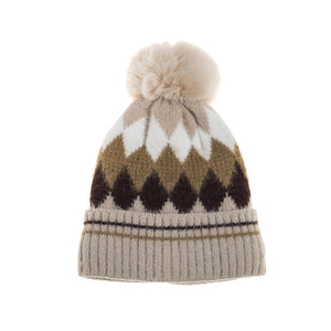 #Diamond Check Beanie With Pompom