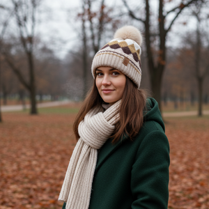 #Diamond Check Beanie With Pompom