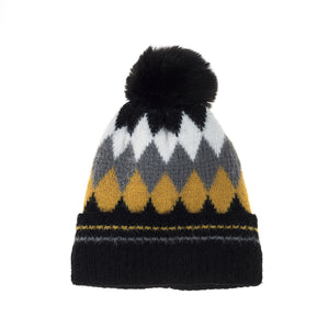 #Diamond Check Beanie With Pompom