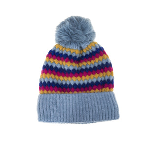 #Diamond Striped Beanie With Pompom