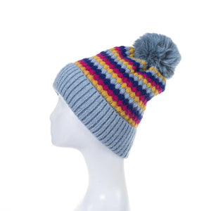 #Diamond Striped Beanie With Pompom
