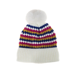 #Diamond Striped Beanie With Pompom