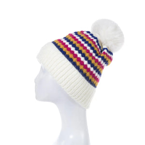 #Diamond Striped Beanie With Pompom