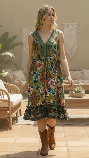 Hippie Haven STL Vibrant Mini Dress in green with a floral and peacock feather print, crochet neckline, and ruffled hem. 100% Cotton Rayon.