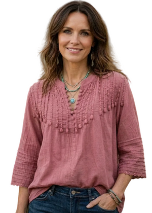 Hippy Haven antique style dusty rose cotton blouse with crochet buttons, pintuck details, and three-quarter sleeves.