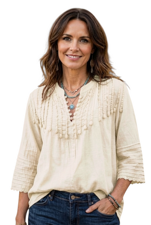 Hippy Haven antique style cream cotton calico blouse with crochet buttons, pintuck details, and three-quarter sleeves