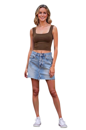 Hippy Haven brown scoop neck cropped tank top worn by a model with a denim skirt and white sneakers